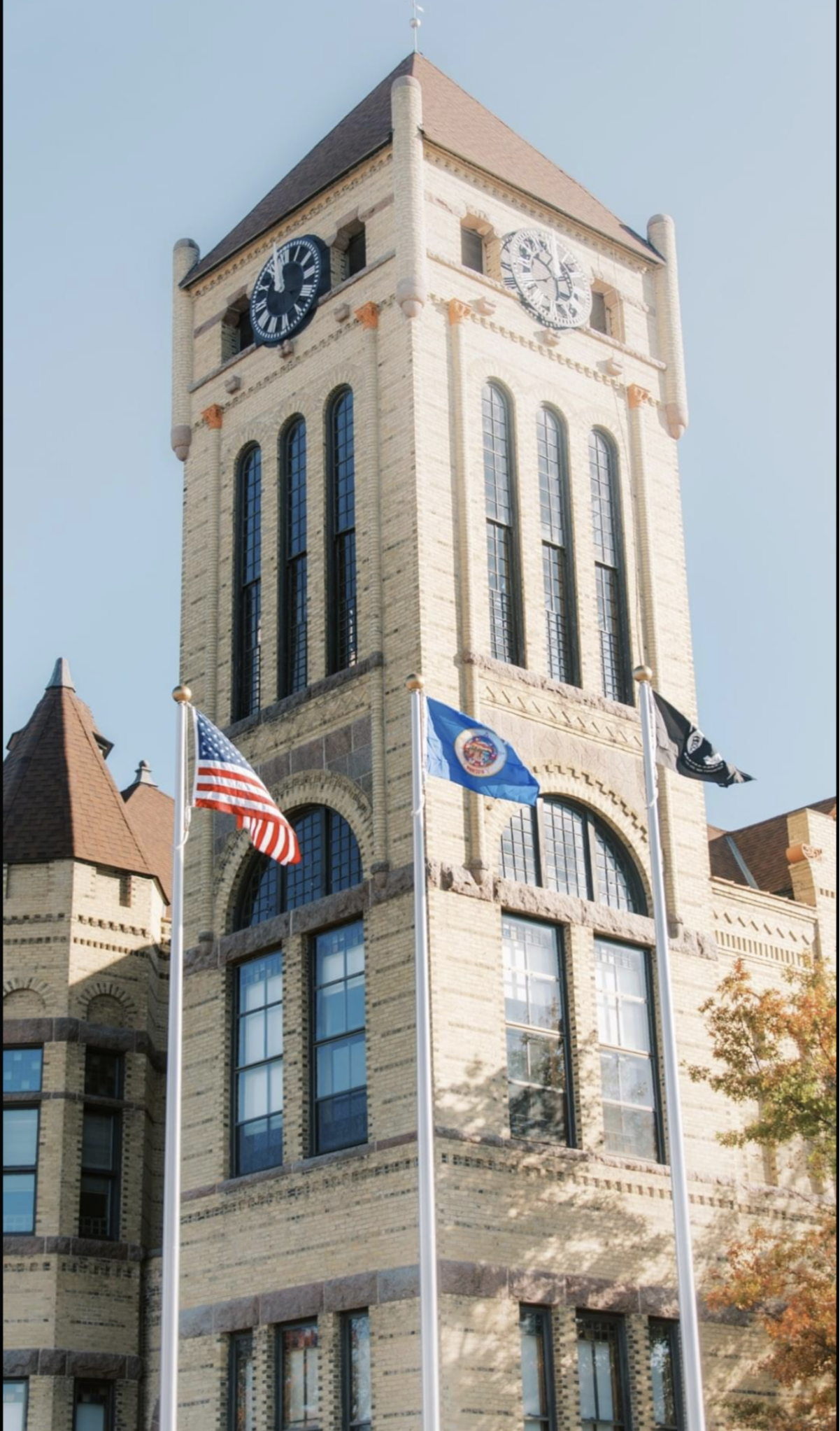 Vertical shot of the flags in front of Historic Courthouse