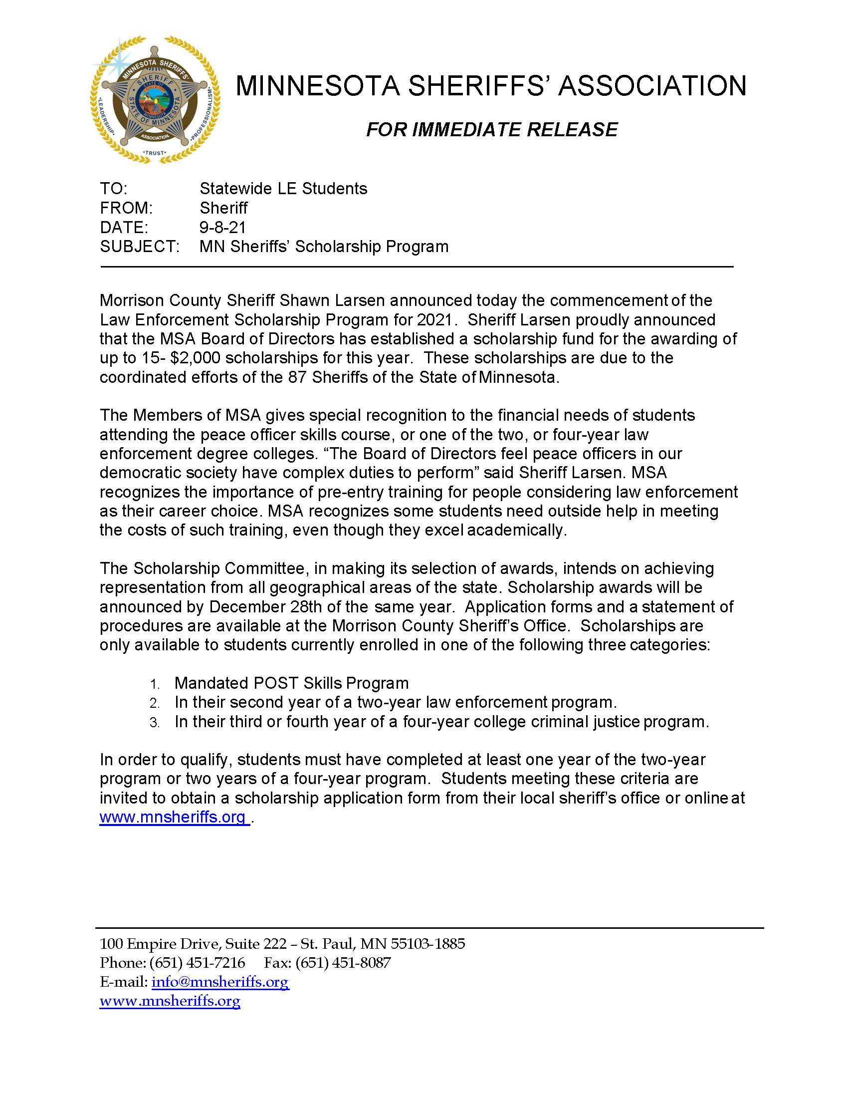 9-7-21 Scholarship - Sheriff Press Release - 2021